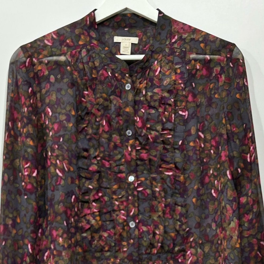 J. Crew Silk Floral Blouse Ruffle Placket Button Front Bayberry Flouncette 6 - Picture 3 of 11